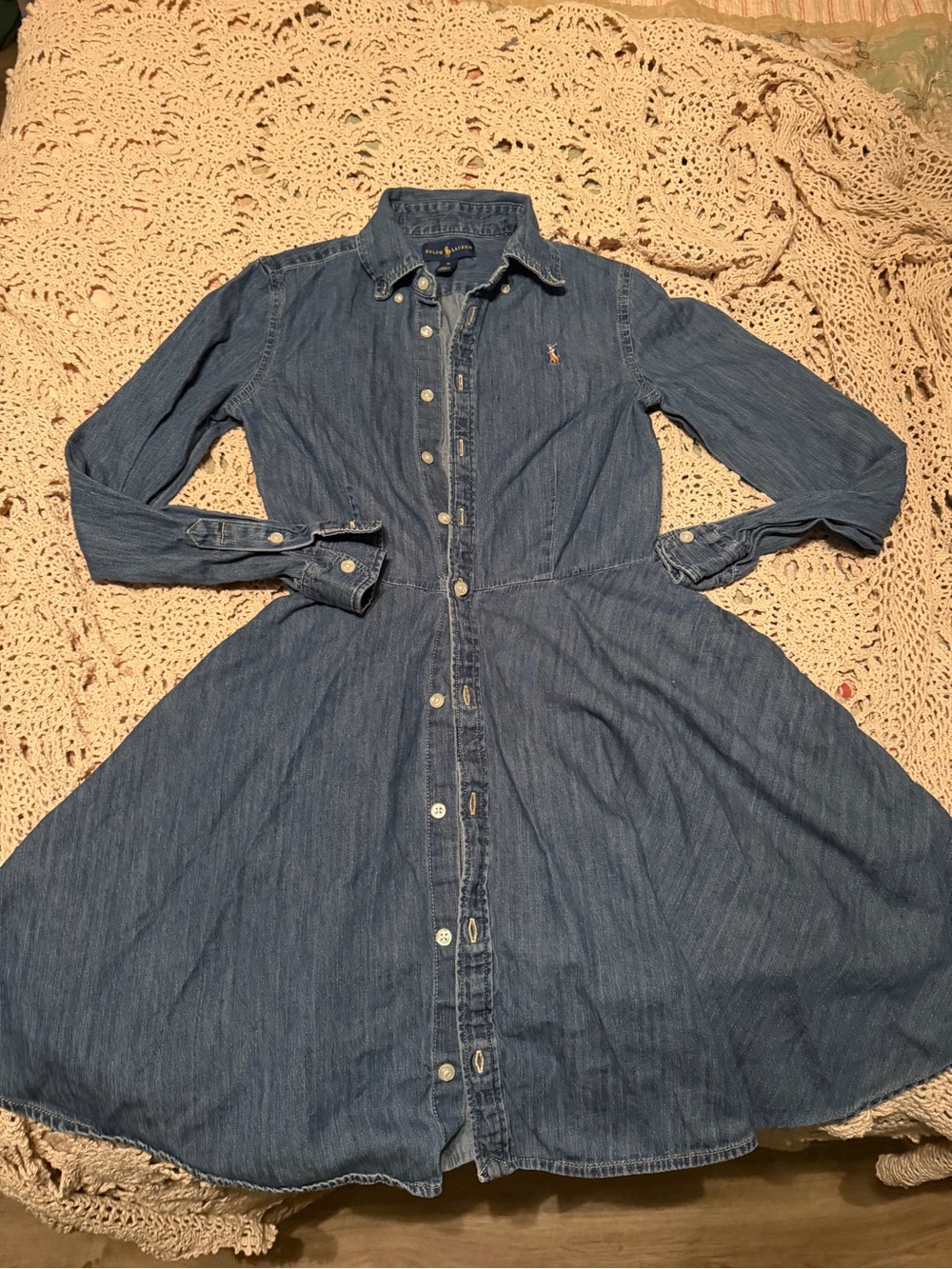 Ralph Lauren Denim Button-Front Long Sleeve Shirt Dress in Blue sz 14